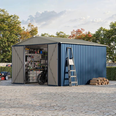 10 x 10 ft Galvanized Metal Outdoor Storage Shed with Lockable Door, Vents, and Peaked Roof for Backyard Tool Storage