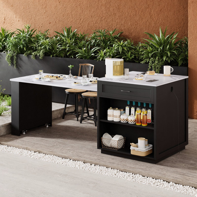 Black Kitchen Island with Extendable Dining Table for 6, Double Storage & Power Outlet, Faux Marble Top, Black