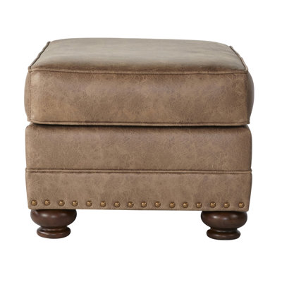 Similicuir - revêtement brun, têtes de clou en bronze antique, pieds en bois de chignon, motif uni rectangulaire, sans dossier, aspect traditionnel américain avec brun gingembre moyen, ornement