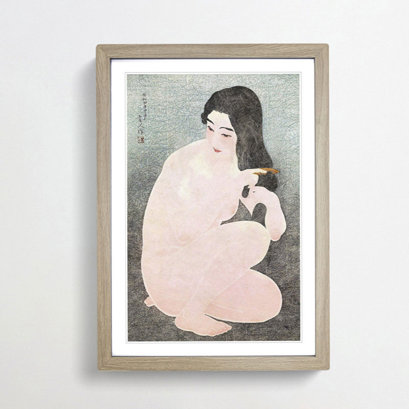 Kamisuki Combing Her Hair by Ito Shinsui - Framed Print, 36cm H x 27cm W x 2cm D, Oak Framed