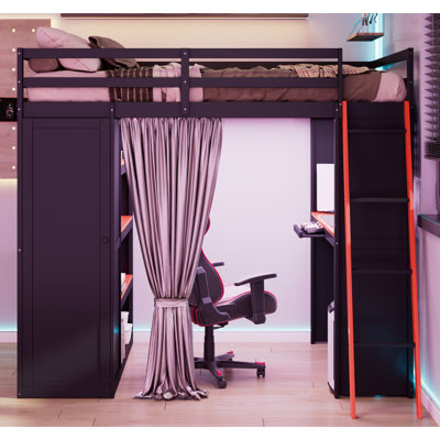 Lit mezzanine en bois pleine grandeur avec garde-robe, tablettes, rideaux occultants et lumières RVB, noir et rouge