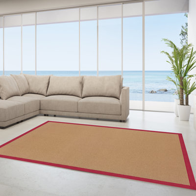 Nannette Handmade Dark Beige Berber with Red Cotton Border Made in the USA Area Rug