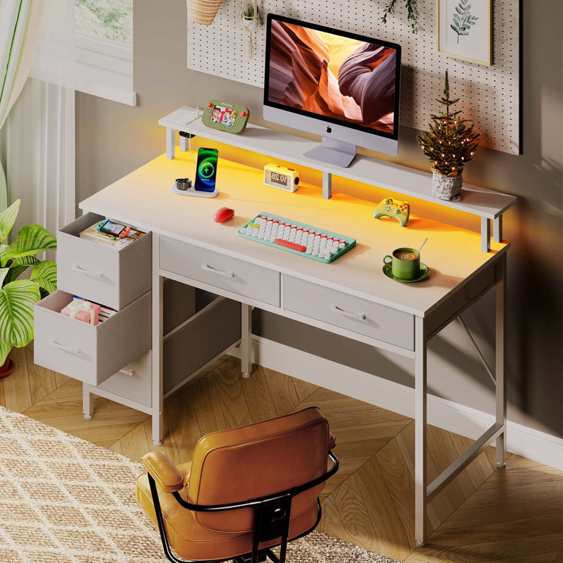 Linze Computer Desk w/ Monitor Shelf, RGB LED Lights, USB Ports & Drawers, 35.20"H x 55.10"W x 18.50"D, White