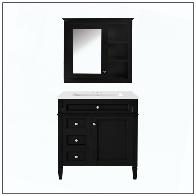 Armoire de salle de bain simple avec miroir et tiroirs, Noir