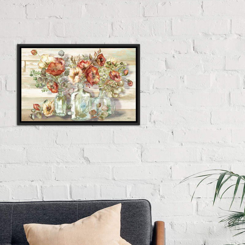 «Spice Poppies and Eucalyptus in Bottles Landscape» par Tre Sorelle Studios - reproduction d'art, Toile avec cadre noir