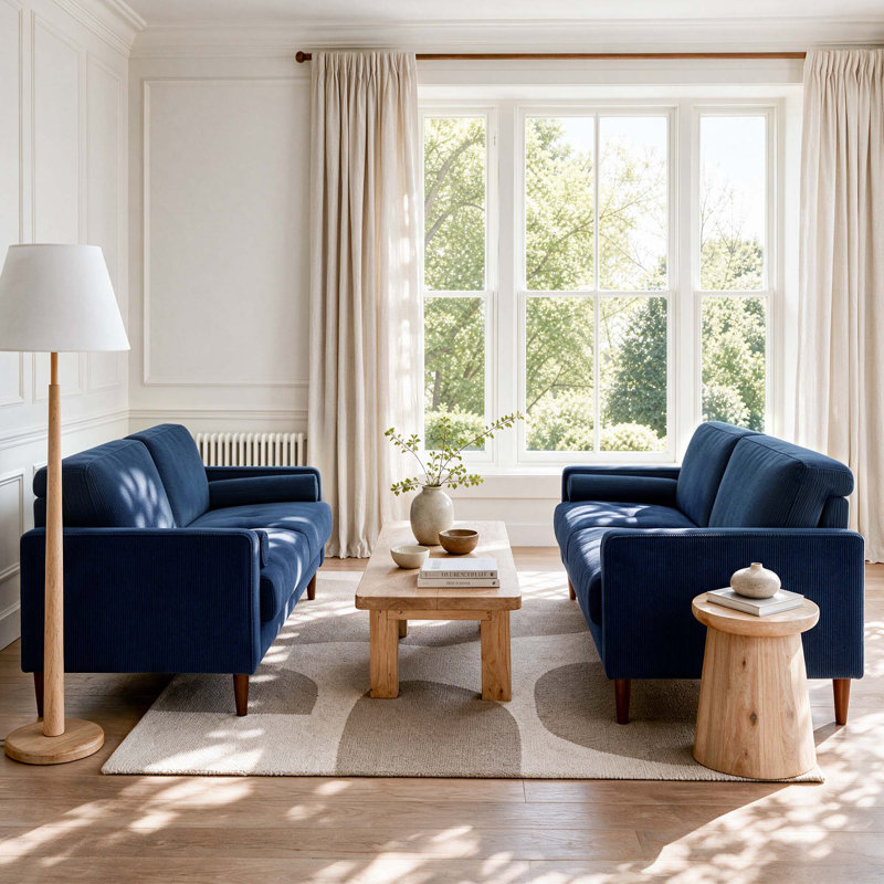 Canapé à accoudoirs carrés 62,7 po Carmelinda, Velours côtelé bleu marine