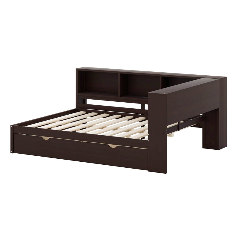 Lit de jour en bois pour grand lit avec éclairage à DEL intégré, ports de chargement USB, 2 tiroirs spacieux, Brun