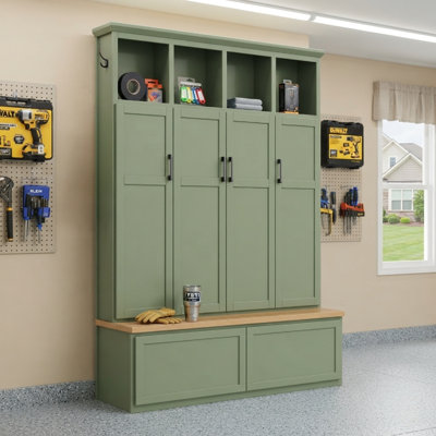 Meuble de rangement de garage de 190 cm de haut avec banc, 4 placards, 2 tiroirs et 6 crochets, vert sauge