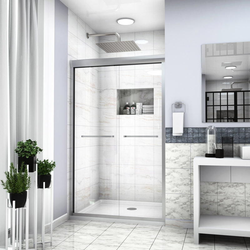 Shower Door 48" W X 76" H, Semi- Bypass Style, Brushed Nickel, Tempered Glass, Luxury Bathroom Detail Glass With Nano Cleaning Layer