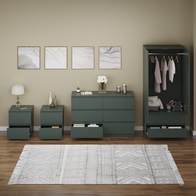 Tanino 4 Piece Bedroom Set (2 Drawer Large Bedside Chest X2, 6 Drawer Chest, 2 Door 2 Drawer Wardrobe), Green
