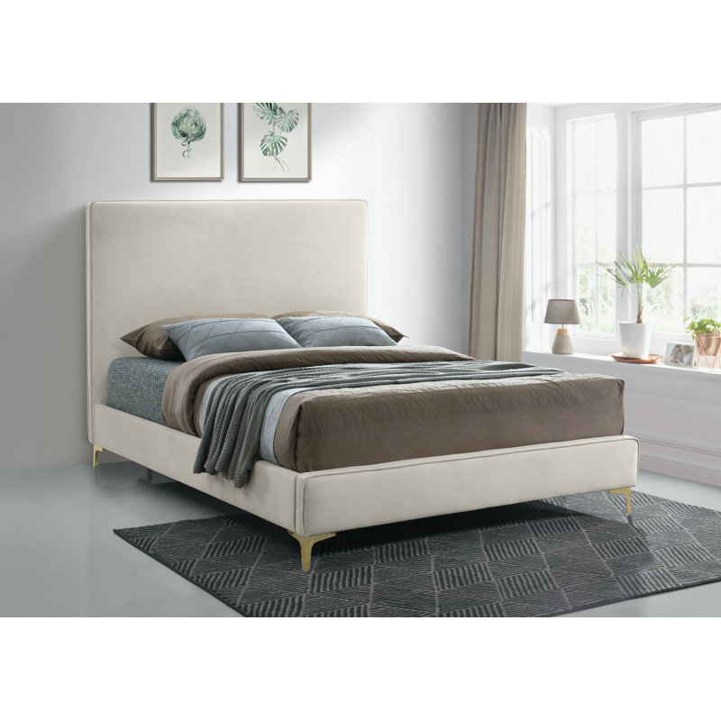 Lit plateforme tapissier à profil bas, Complète, Velours crème