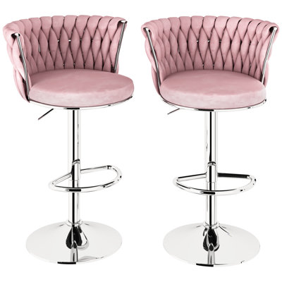 2-Piece Of Pink Bar Chairs: Woven Design Backrest, Adjustable Height, 360 Degree Rotation, Stable Footrest, Circular Metal Base