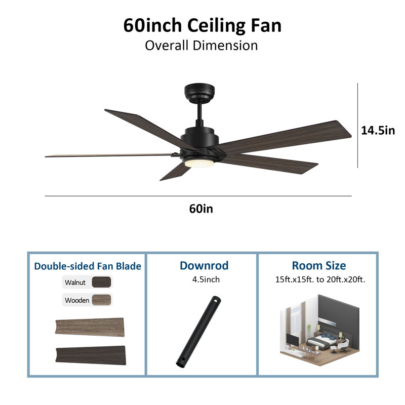 Ventilateur de plafond intelligent à 60 pales 60 po avec ensemble d'éclairage DEL , Noir, Chêne gris