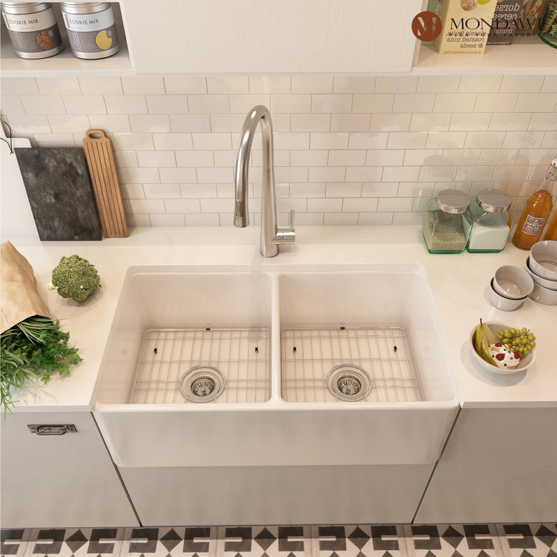 33'' L Double Bowl Fireclay Kitchen Sink, White