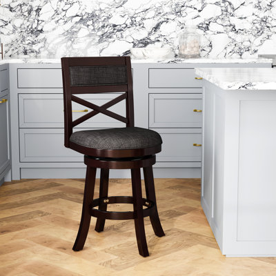 Tabouret pivotant à dossier en X de 24 po de hauteur comptoir, finition espresso, siège en tissu gris anthracite