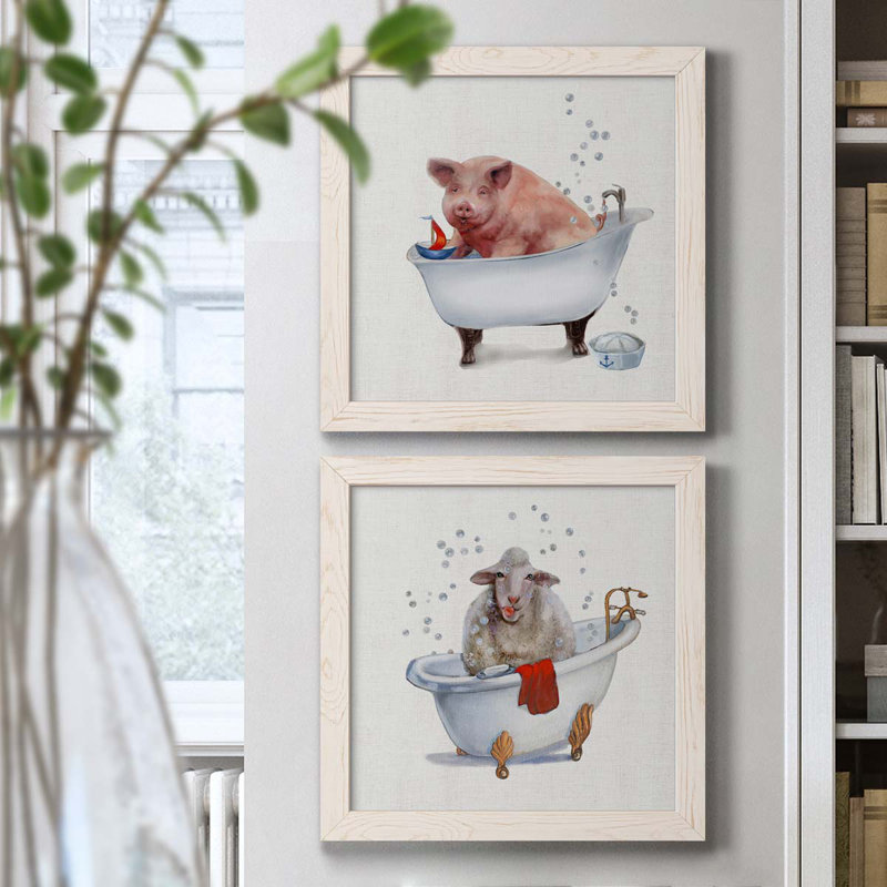 «Farm Tub Pig», ensemble de 2 peintures sur toile encadrées, H 17 po x l 34 po x P 1,5 po, Cadre blanc