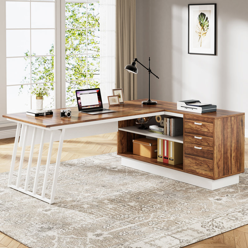 Bureau de direction en L 71 po avec armoire, grand bureau avec tiroirs et tablettes de rangement