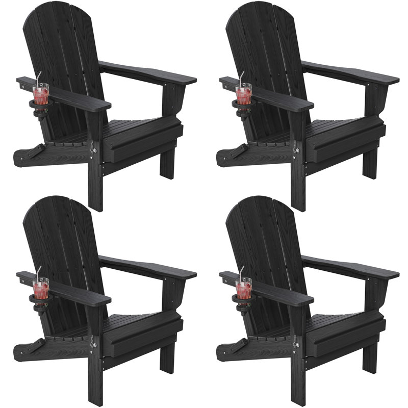 Outdoor Folding Adirondack Chair Set of 4 for Patio Fire Pit, Wooden Textured HDPE Adjustable Chairs with Cup Holder, Waterproof All Weather Resistant Plastic for Pool Lawn Garden Backyard(Black)