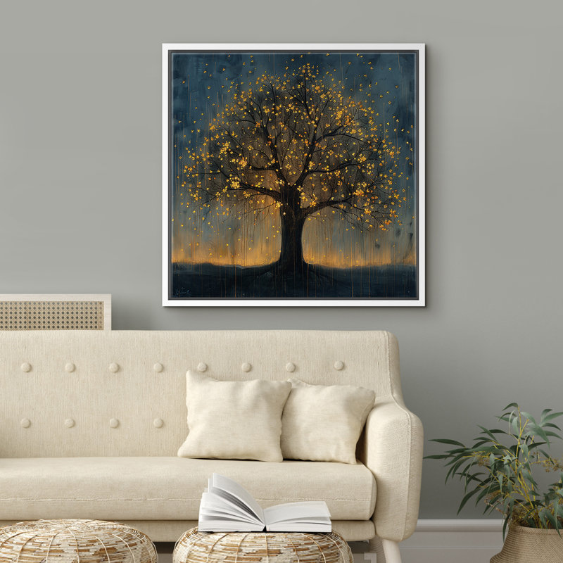 Golden Blossom Tree at Twilight Wall Decor for Living Room, H 16 po x l 16 po x P 1,5 po, Blanc