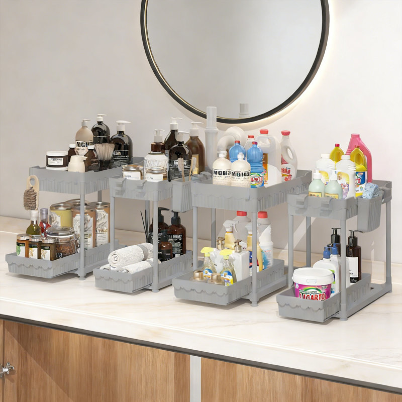 4-Pack Adjustable Pull-Out Organizer With Hooks & Cups, 2-Tier Under Sink Storage, Gray