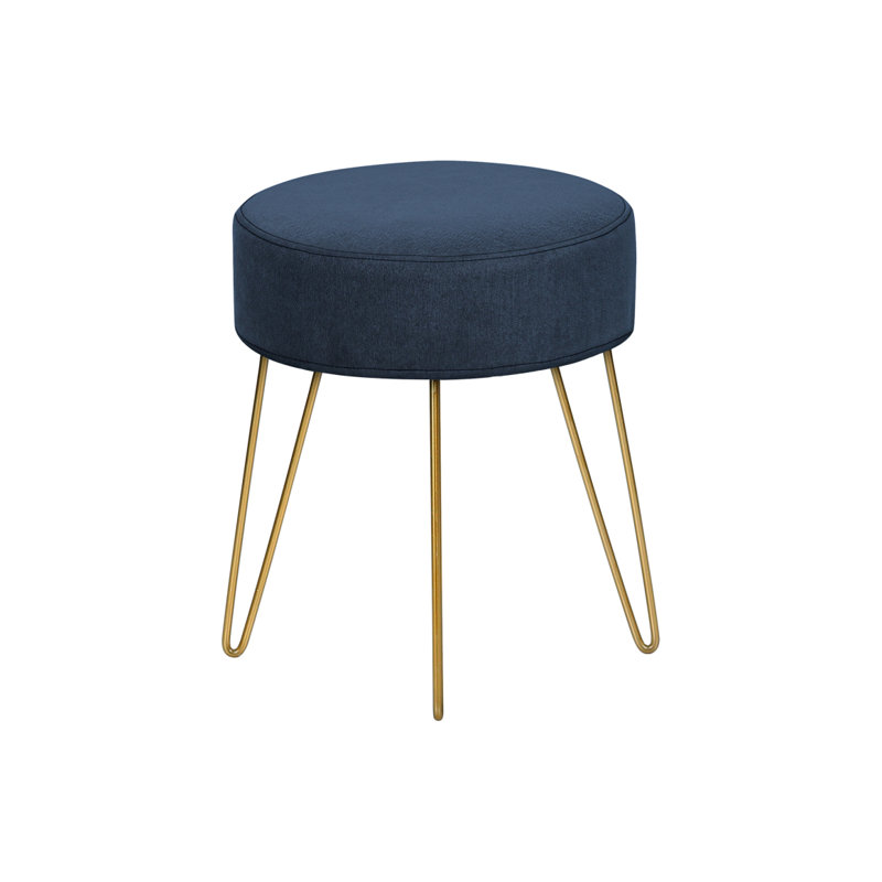 14" Velvet And Gold Round Ottoman, Blue