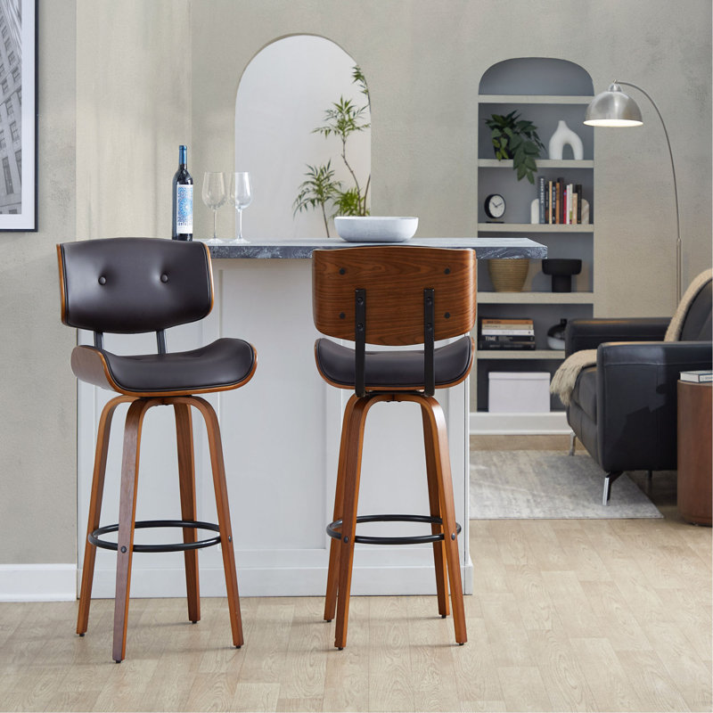 Tabouret de bar à hauteur fixe avec pivot en bois et similicuir avec repose-pieds rond en métal noir - ensemble de 2