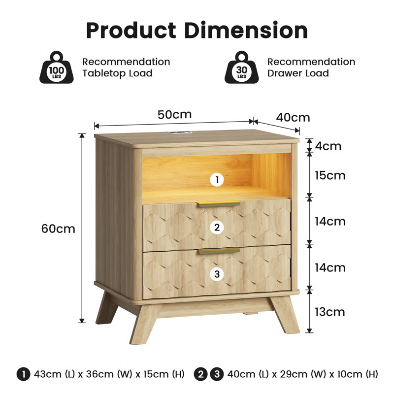 Bedside Table with Built-In Outlets and Motion Sensor Led Light, Oak
