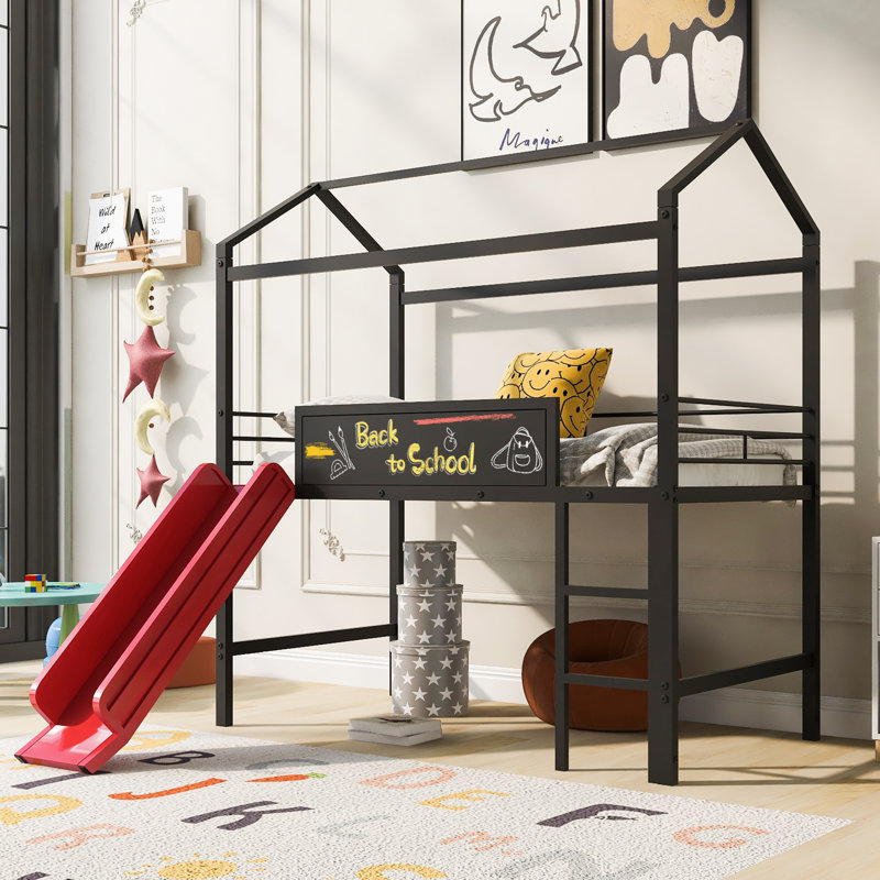 Wanetta LucentRustic Bunk Bed With Ladder And Slide, Pine Wood And MDF, Black/Red