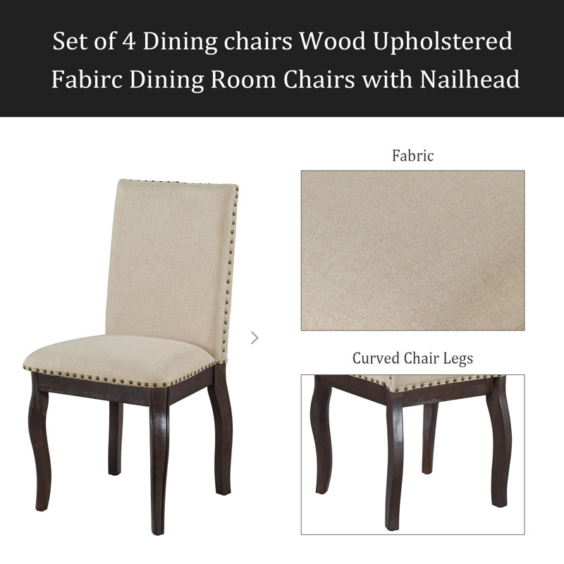 Set Of 4 Dining Chairs Wood Upholstered Fabirc Dining Room Chairs With Nailhead, Espresso