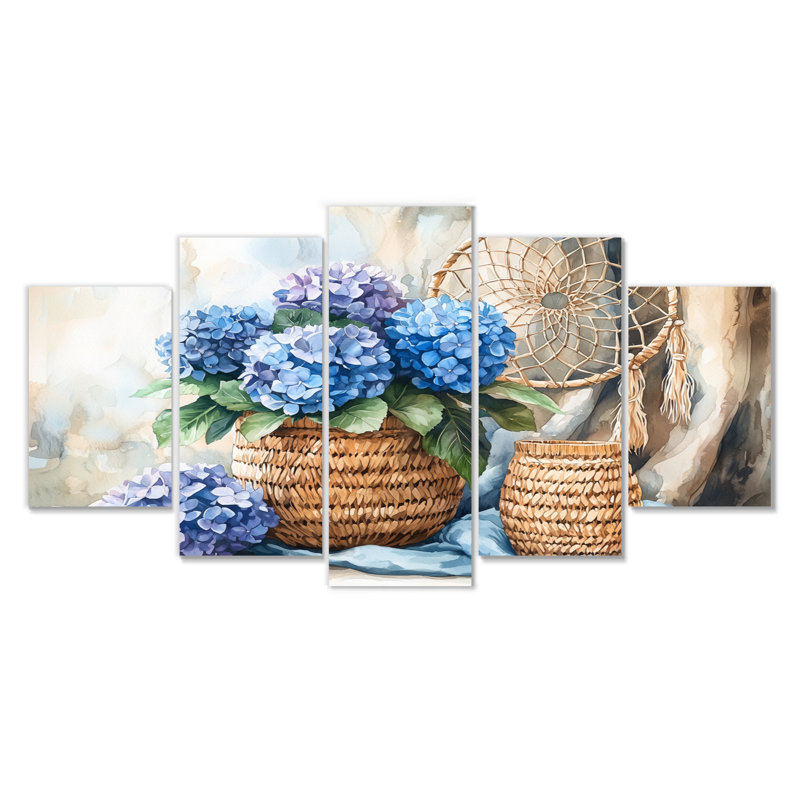 Boho Blue Hydrangea Bliss I - Hydrangea Wall Art - Traditional Wall Art Decor, 32'' H x 60'' W, 5