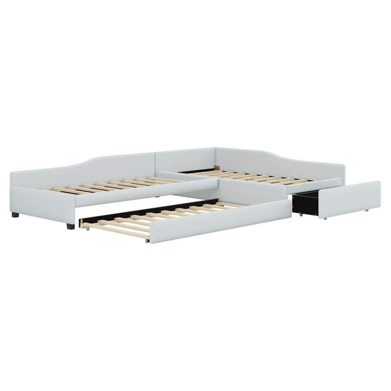 Upholstered Double Daybed With Trundle And Drawer, Beige