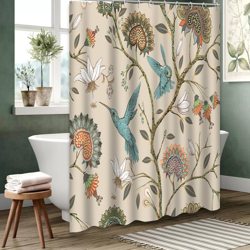 Rideau de douche beige à motif floral avec 12 crochets, L 72 po x l 84 po