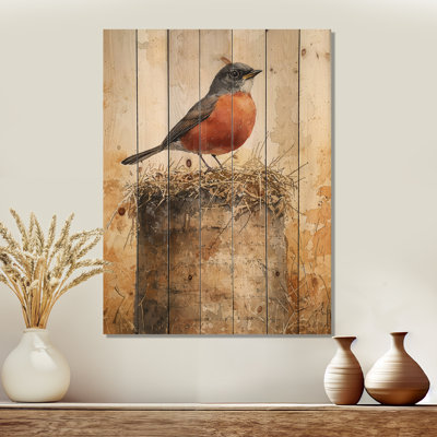 Oiseau de merle sur la balle de foin I - Art mural en bois oiseau - sur bois de pin naturel