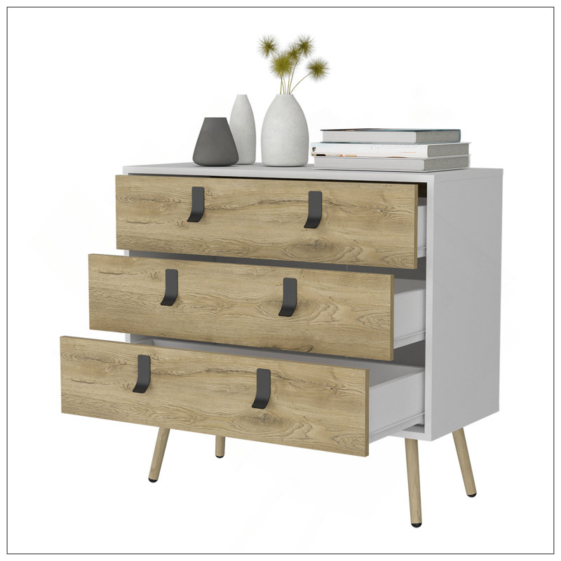 Commode 3 tiroirs Kimball, rangement chic moderne avec pieds en bois, Blanc/naturel