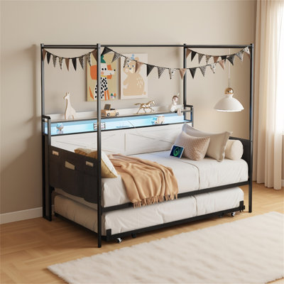 Twin Daybed With Trundle - Heavy-Duty Metal Sofa Bed Frame With Guardrail-Style Enclosures, Space-Saving Design In White