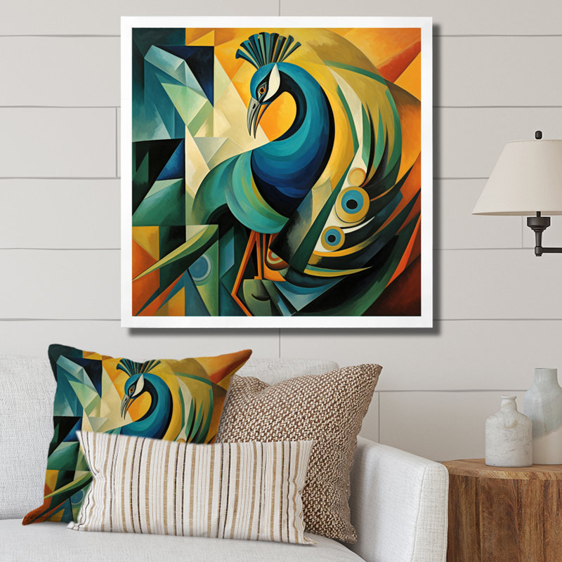 «Green Blue Peacock Cubist» sur impression sur toile, H 36 po x l 36 po x P 1,5 po, Cadre simple blanc