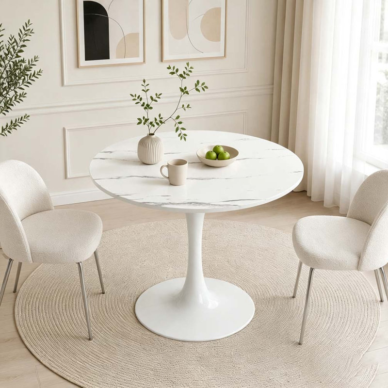 Modern Round Dining Table, White Marble