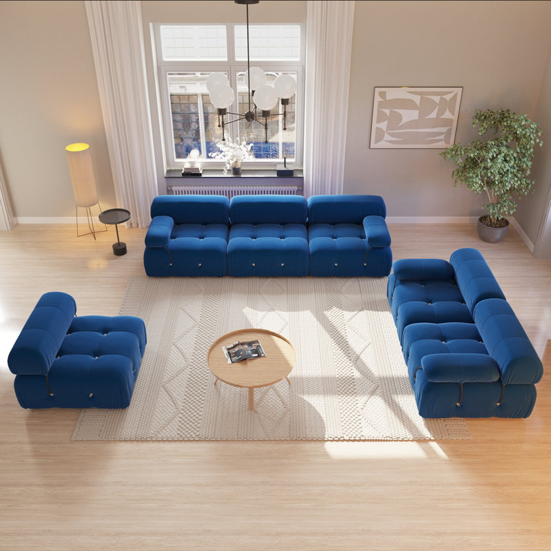 Ensemble de salon modulaire en velours 3 pièces, Bleu