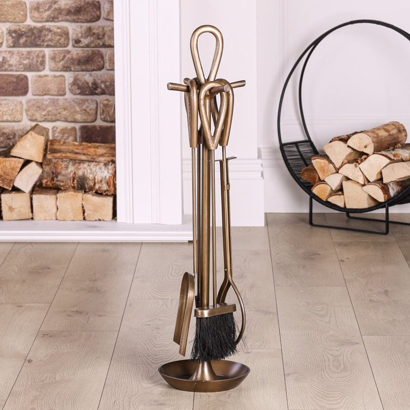 Akmaral Iron Fireplace Tool Set, Brass Antique