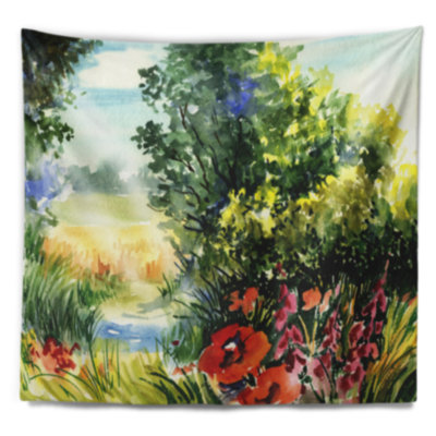 Paysage aquarelle avec tapisserie de fleurs