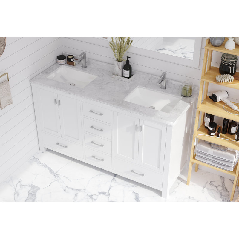 Ensemble de meuble-lavabo double 60 po Mariário, Blanc, Marbre de Carrare blanc