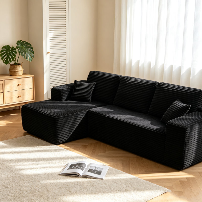 Canapé modulaire en forme de L avec méridienne Boneless Corduroy, Velours côtelé noir, Face à la gauche