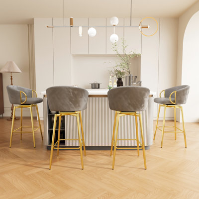 De 4 tabourets de bar modernes en velours gris et doré, sièges confortables, pieds en métal, pour différentes utilisations, chaises faciles à assembler, pivotant à 360 °, fonction de glissement,