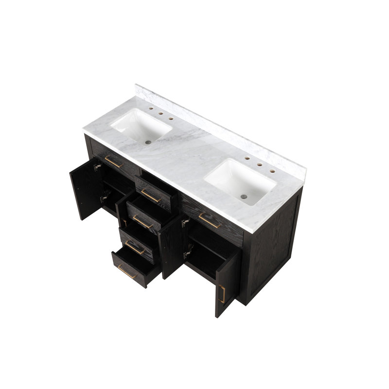 Meuble-lavabo double en chêne noir avec plateau en marbre de Carrare, H 34,12 po x l 22 po x P 60 po