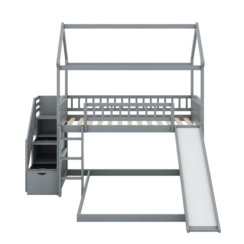 Twin Over Full Bunk Bed With Slide, Gray