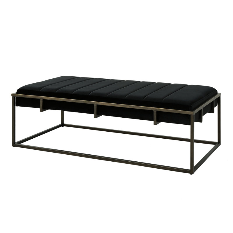 Black Upholstered Velvet Bench With Brass Finish - Modern Style, Metal Frame, 16 In Height, 25 Width Soft Fabric, 49 Depth, Width, Height