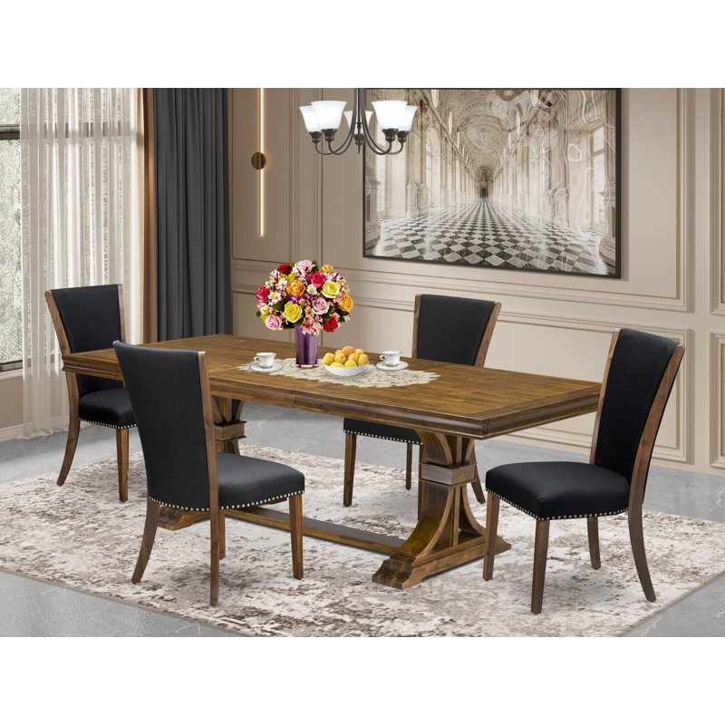 5-piece Kitchen Table Set consists of a Dining Table and 4 Black Linen Fabric Dinner Chairs with Button tufted Back - Antique Walnut Finish