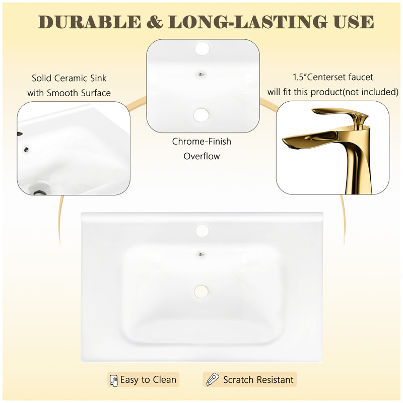 Lavabo de salle de bain 27,8 po en céramique blanche avec lavabo intégré et trop-plein avec lavabo intégré