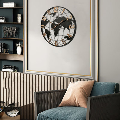 36-Inch Large Black Metal Wall Clock, Modern Silent World Map Wall Clock With Arabic Numerals