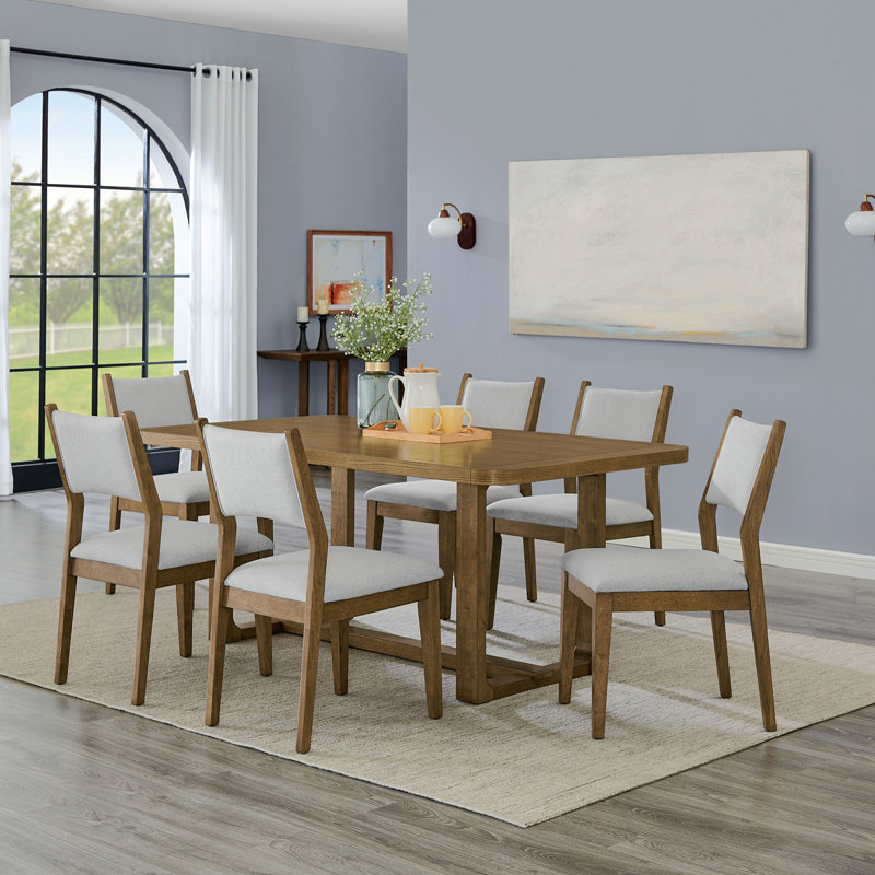 Colgan Dining Set, Trestle Dining Table With Stylish Chairs, Light Oak, 7 Pieces: Table, 6 Chairs